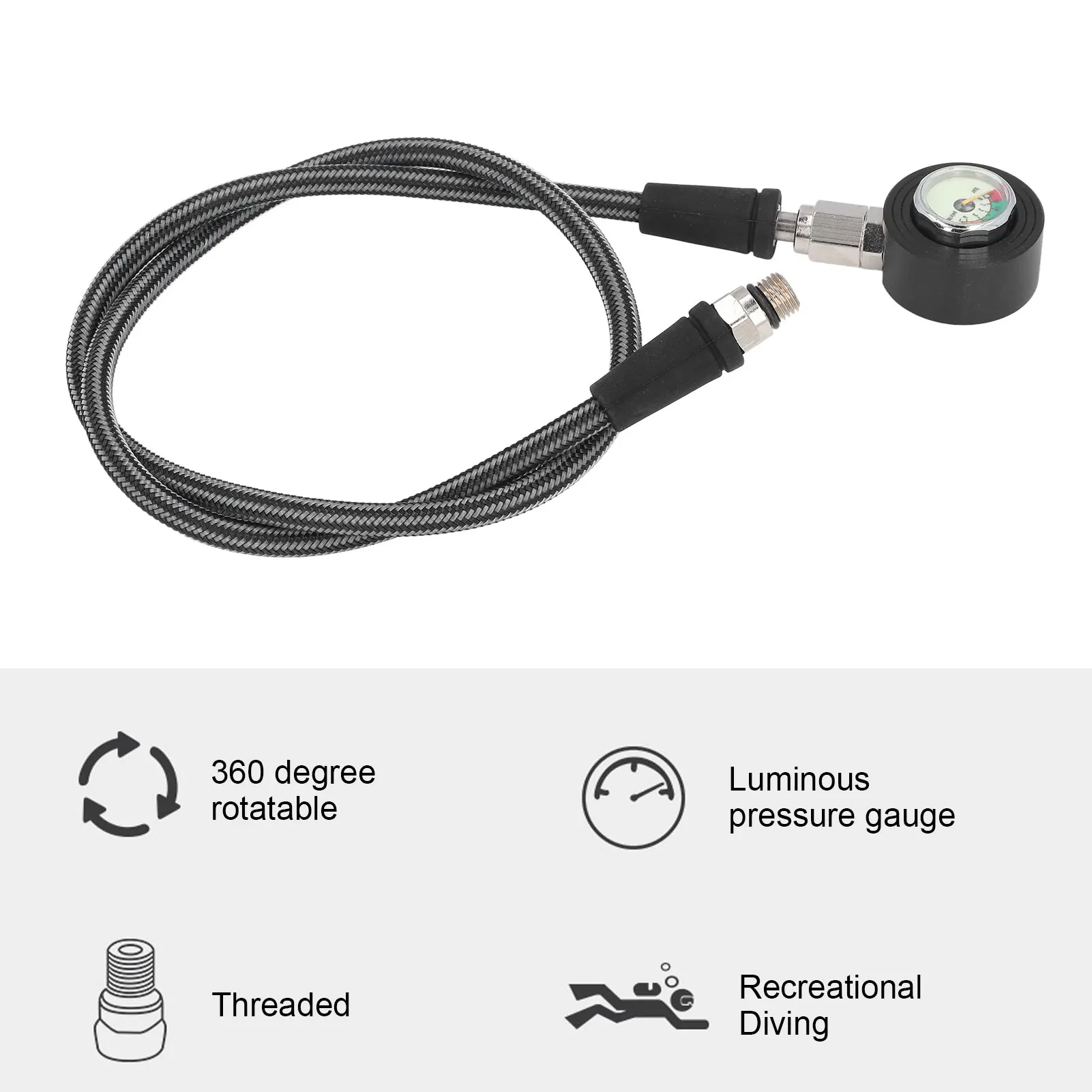 Scuba Diving Pressure Gauge Luminous Submersible Pressure Gauge with High Pressure Hose for BCD Regulator Underwater Diving