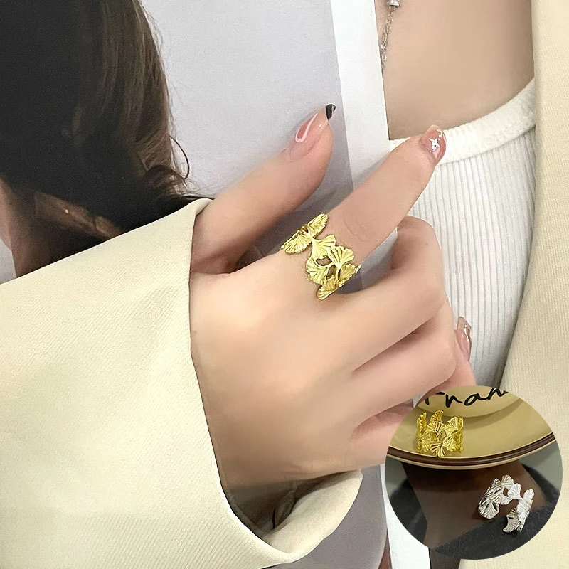 

100% 925 Sterling Silver Plant Ring for Women Girl Fashion Ginkgo Leaf Hollow Out Design Jewelry Birthday Gift Dropshipping