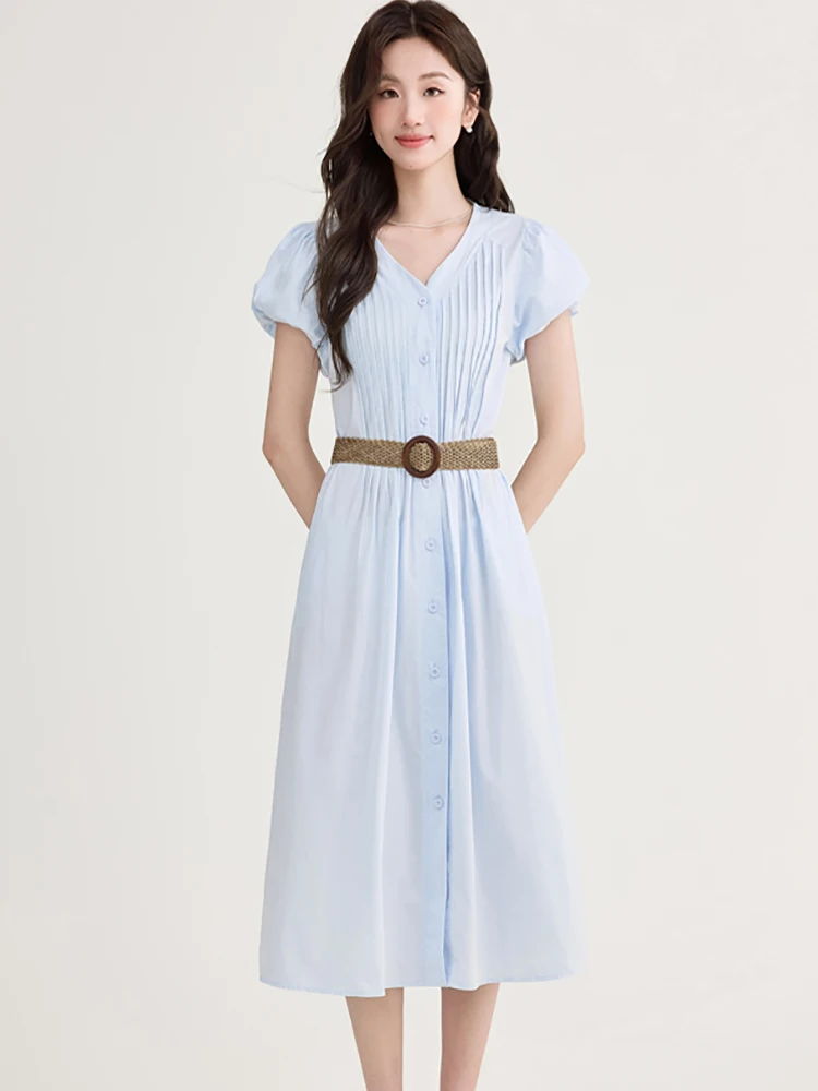 

Women Blue Pleated Bodycon Bandage Long Dress Summer Elegant Puff Sleeve Single Breasted Dress 2025 Korean Fahion Casual Dresses