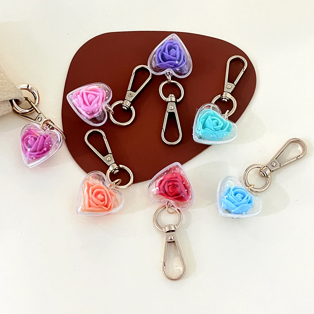 Sweet Rose Keychain Purse Handbag Decor Love Heart Pendant Eternal Flower Keyrings For Women Valentine Day Gifts view 6