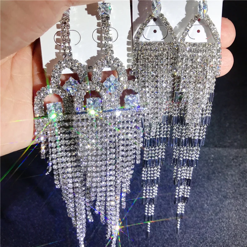 Fashion Long Tassel Full Crystal Zircon Drop Earrings for Women Geometric Rhinestone Earrings Statement Jewelry Accessories Gift