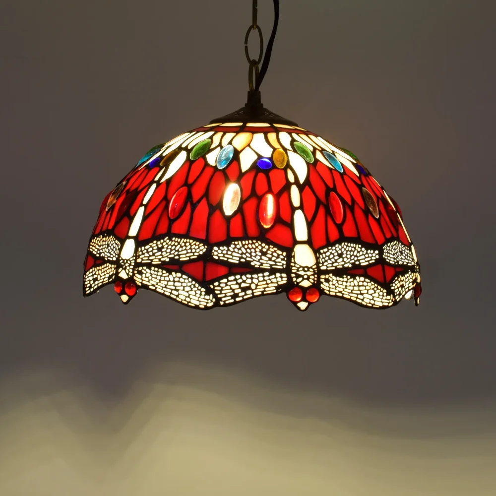 

12 Inch 30cm Tiffany Style Chandeliers Red Dragonfly Droplight Stained Glass Ceiling Pendant Light for Living Room