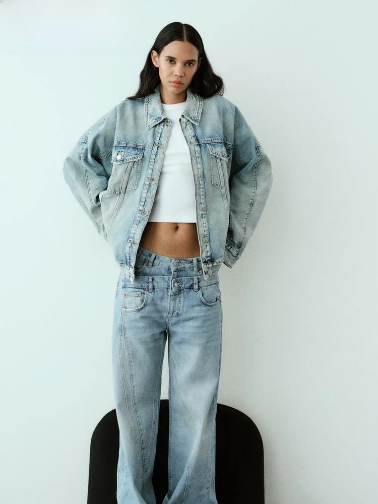 

Loose Denim Jaet Women's New Arrival 2023 Autumn Season TRF Faion ort Outerwear Pure Color Versatile Long Sve Coat