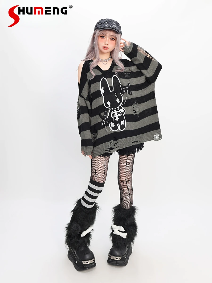 

Subculture Punk Style V-Neck Off-Shoulder Long Sleeve Ripped Cartoon Rabbit Chain Loose Knitted Pullovers Sweaters Women Spring