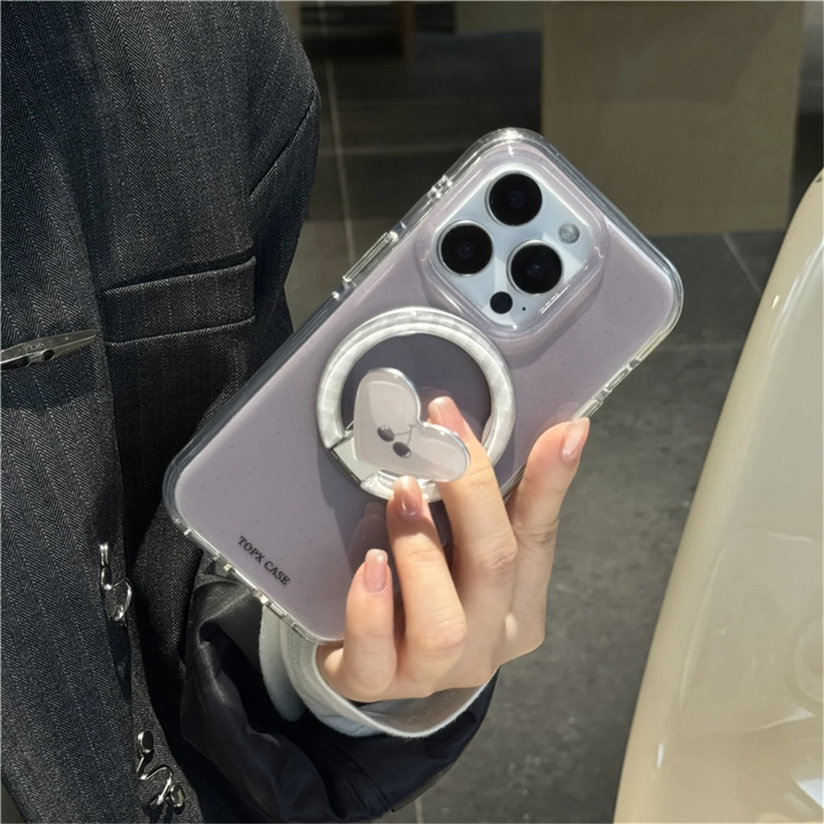 

Simple Gray Purple Magnetic Phone Case For iPhone 16 Pro 15 13 14 Pro Max Cover with Love Cherry Stand For Magsafe Case