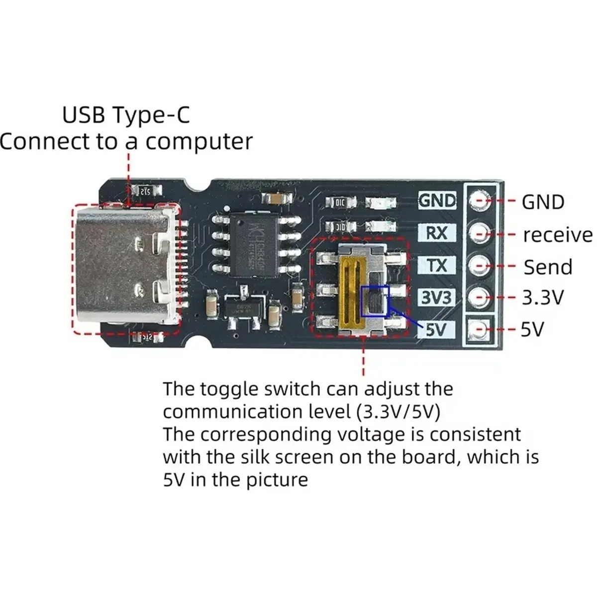 CH340N TYPE-C USB to UART TTL Converter USB to Serial Port Module 3.3V 5V Level RX/TX Download Debugging Tools