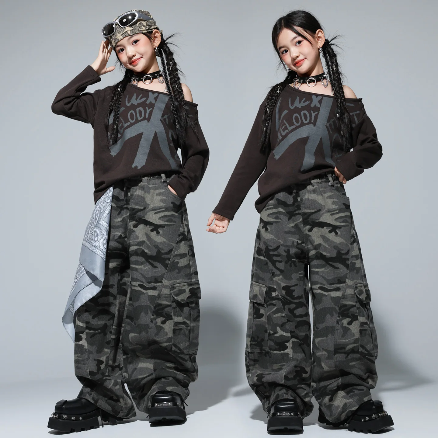 طفل Kpop الهيب هوب الملابس القهوة المنحدر الكتف تي شيرت كامو عادية الشارع البضائع السراويل الفضفاضة للفتيات أزياء رقص الملابس #1