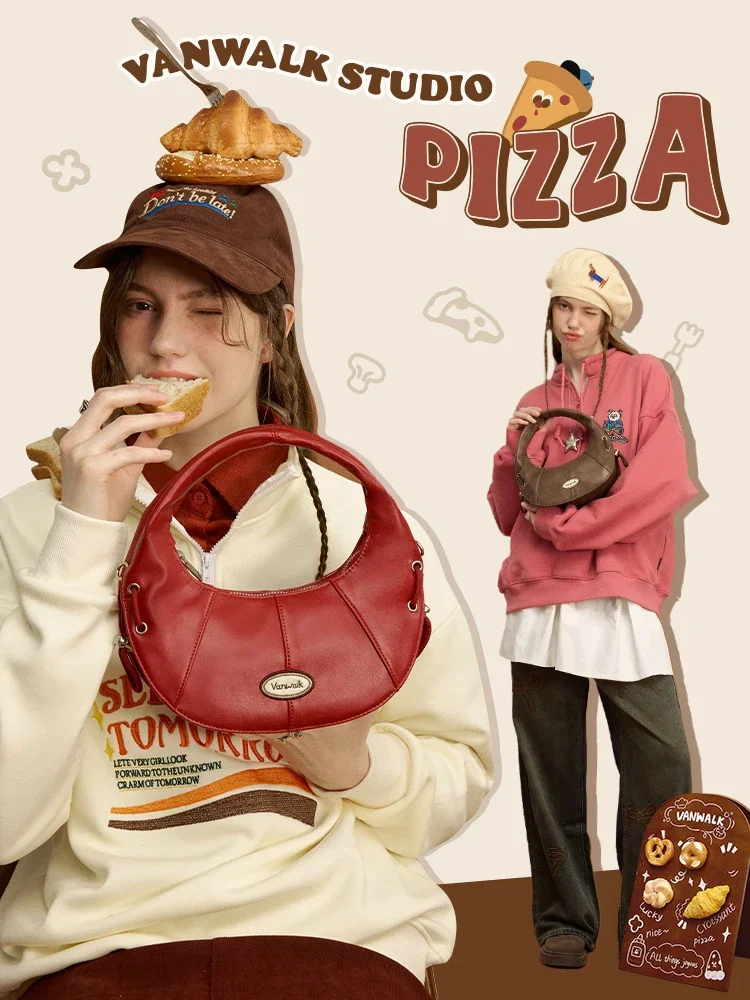 VANWALK serie pizza, bolso retro para axila portátil de un solo hombro de cuero suave para chica, nuevo bolso tipo mensajero con forma de media luna para otoño e invierno