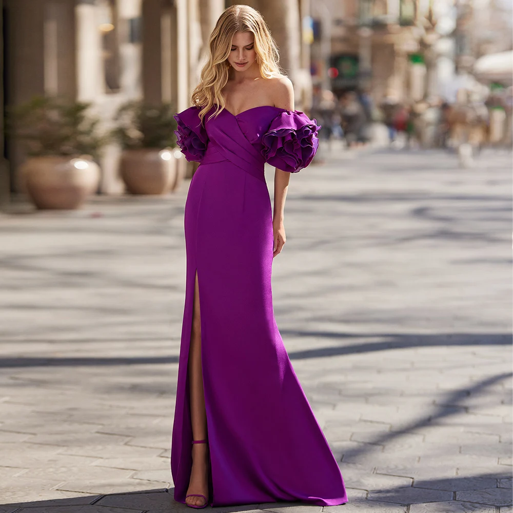 

Mermaid Formal Party Dresses for Women Purple Satin Off the Shoulder Evening Gowns Ruffle Sleeves Side Slit 2024 Long Prom Dress