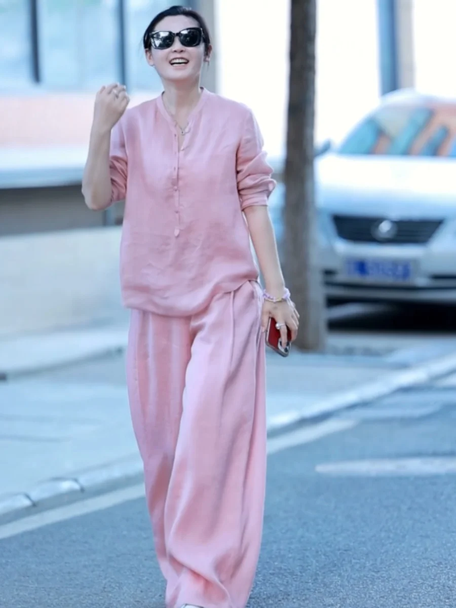 

Элитный хлопково-льняной комплект для женщин: модный розовый костюм-двойка с длинным рукавом и круглым вырезом, повседневная спортивная одежда от китайского бренда