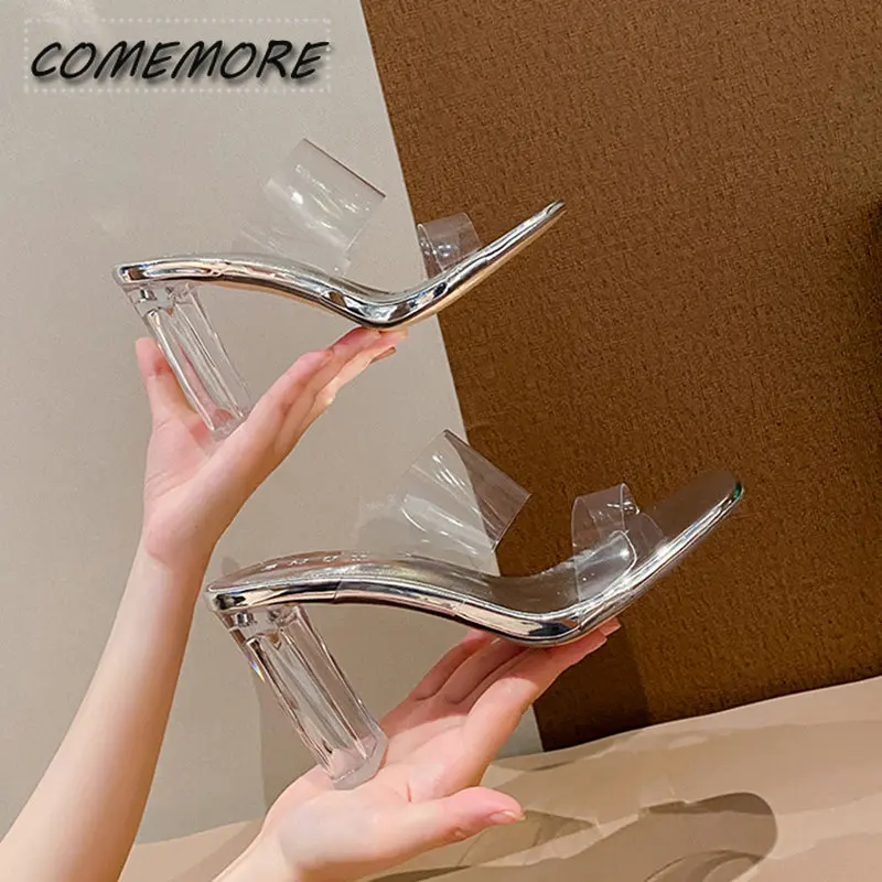 Summer Transparent High Heeled Sandals Women Fashion Square Toe Jelly Slippers Woman\'s Slip on Silver Sexy Party Shoes Casual PU