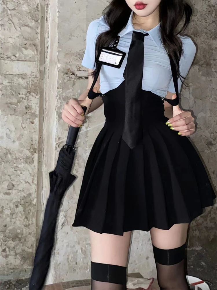 Preppy Style Womens Two Piece Sets Shirt Sexy Outfit High Waist Corset Strap Pleated Skirt Vintage School Uniform Suit Summer