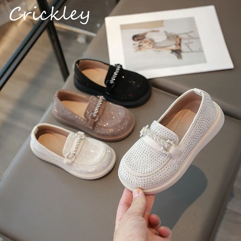 

Spring Rhinestones Bling Children Loafers Chain PU Leather Solid Girls Flats Shoes Slip On Anti Slip Kids Fashion Shoes