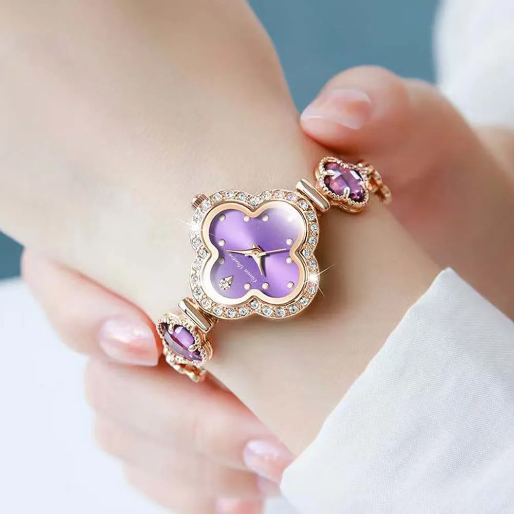 CAVEN DENTON Women Watch Fashion Four-Leaf Clover Ladies' Watch with Gemstone-Inset Diamond Bracelet Fashion Dress Watch Gifts