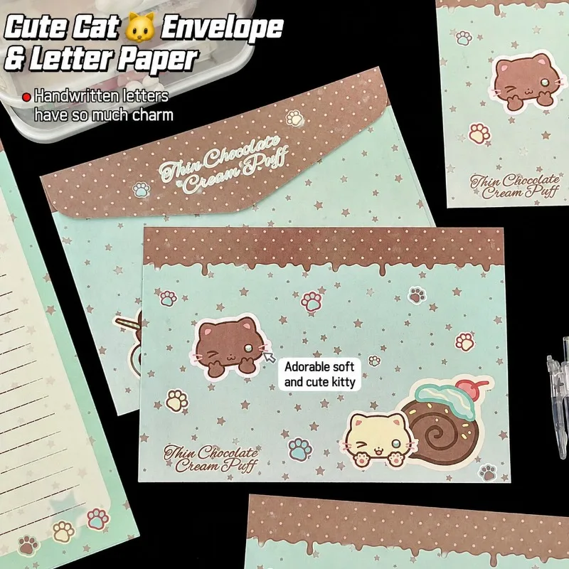 Korean‑style Slim Cat Stationery Set Sweet‑theme Soft‑kitten Envelopes Elegant Hand‑writing Message Cards Star‑umbrella Letter