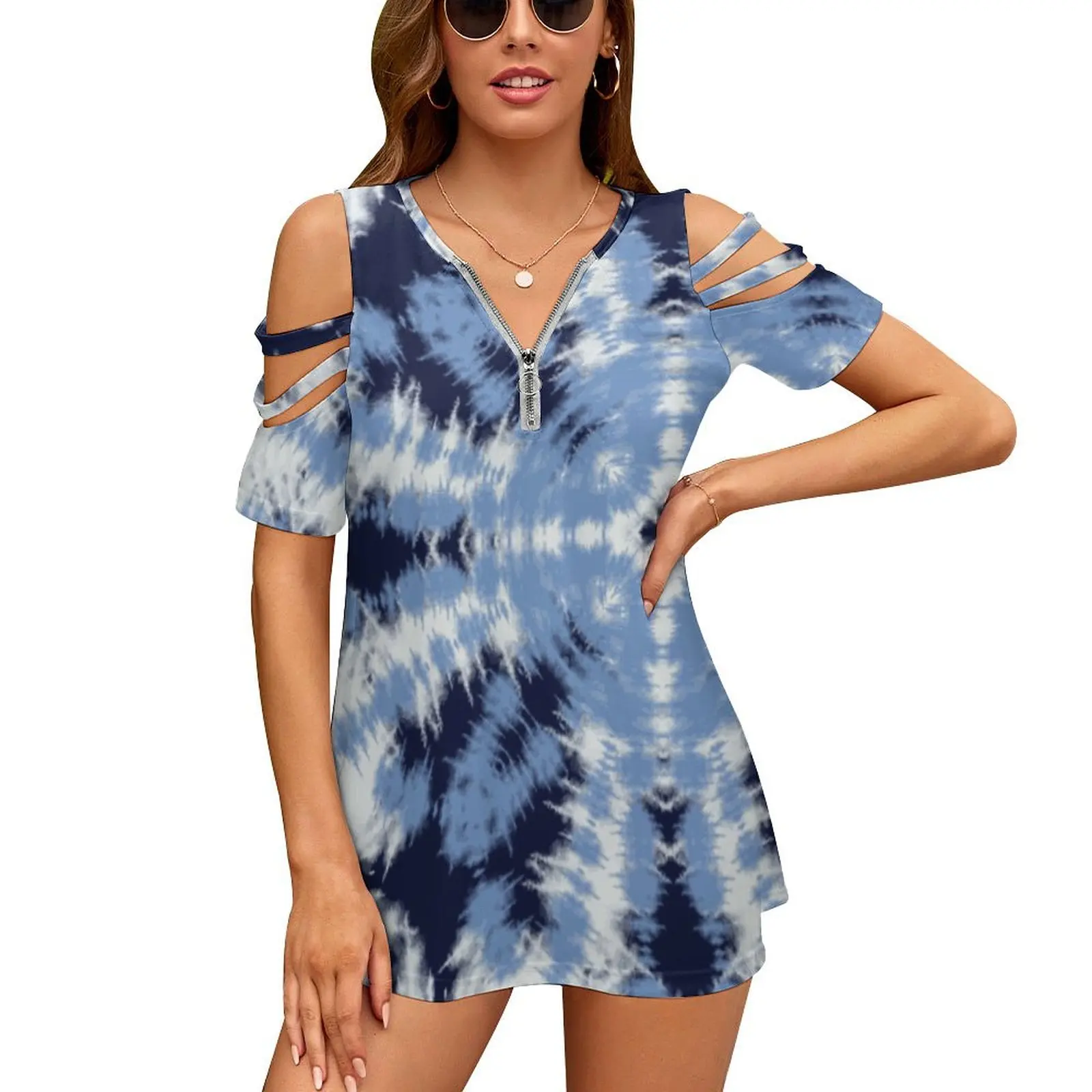 Shibori Tie Dye Indigo 21 Women'S T-Shirt Summer Fashion Print Floral V-Neck Zipper Tshirt Hollow Pullover Ladies Top Shibori