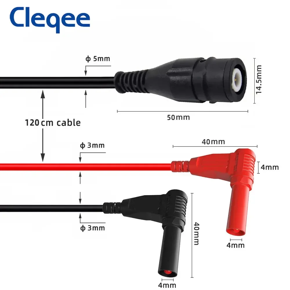 Cleqee p1207 bnc macho plug para 4mm ângulo direito banana plugues cabo coaxial osciloscópio teste de chumbo 120cm