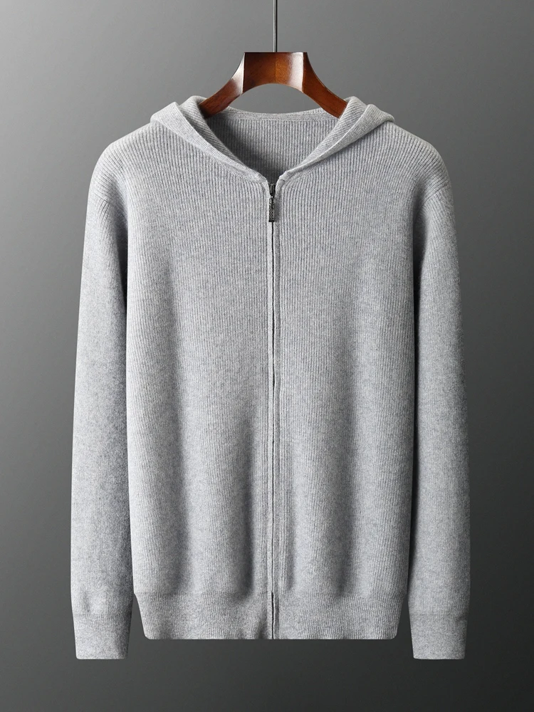 

TLOML Men 100% Cashmere Sweater Hooded Zipper Cardigan Autumn Winter Soft Warm Casual Style Long Sleeve Cashmere Knitwear Tops