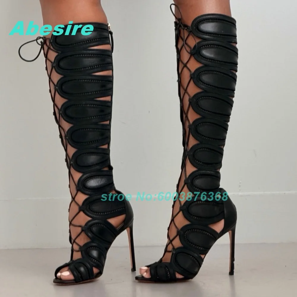 Sexy Black Cut Out Gladiator Knee High Sandals Women Lace Up Stiletto Heel Women's Boots Party Evening Fashion Show Shoes