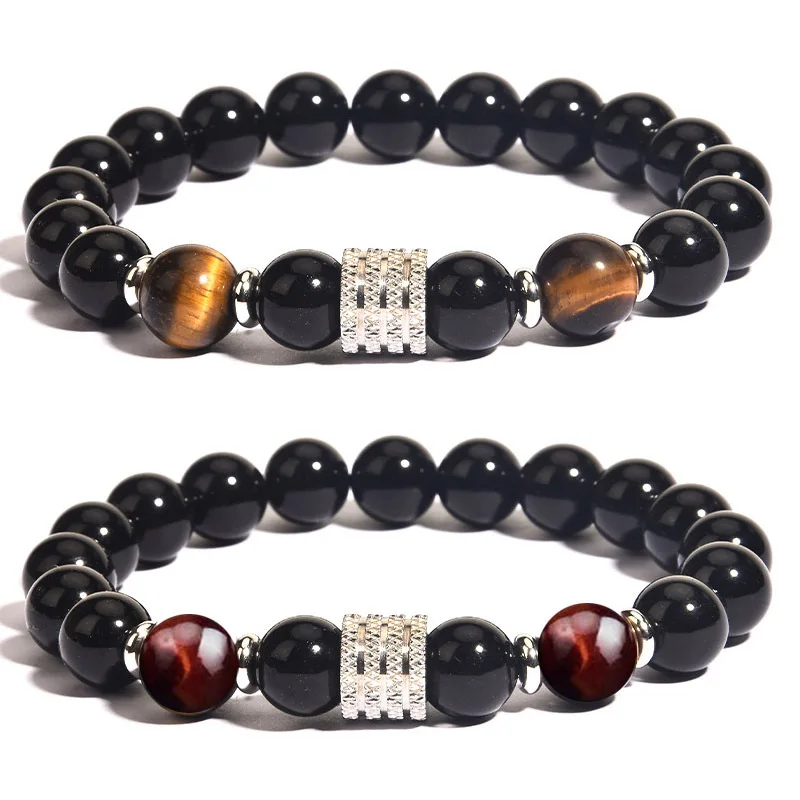 European and American Trend Stainless Steel Tiger Eye Stone Round Bead Single Ring Domineering Men's Bracelet for Boyfriend Gift