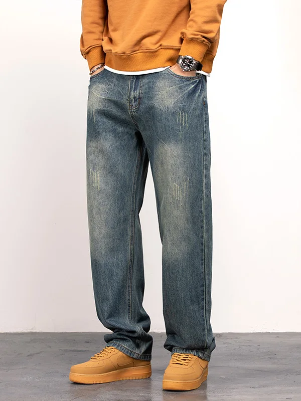 

Мужские джинсы в американском ретро-стиле, свободные, прямые, широкие, длинные, синие, из денима, с застежкой-молнией на талии, для зимы