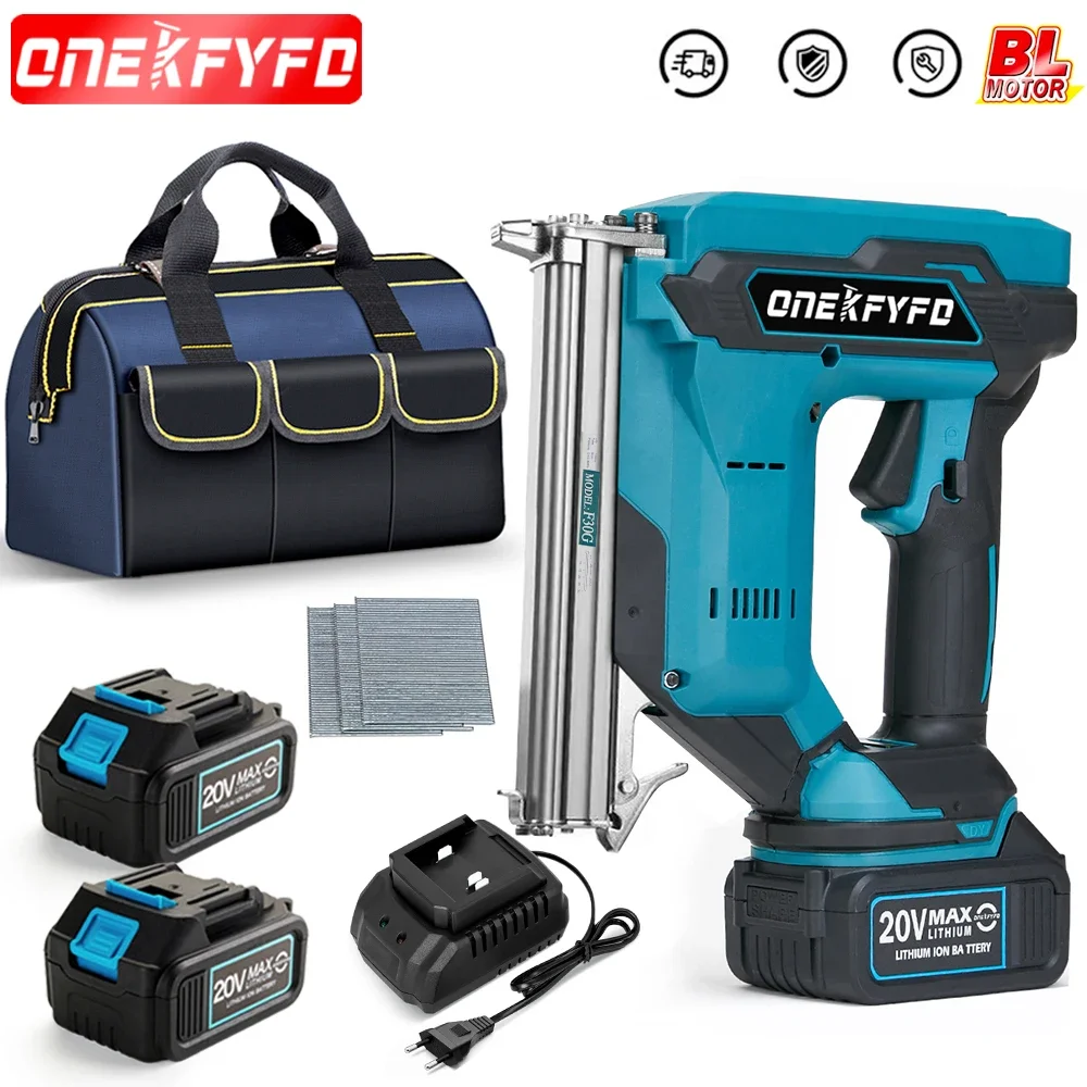 ONEKFYFD Brushless Electric Nail Gun F30 Stapler Nailer Woodworking Lithium Battery + 1set Nails for 18v Makita Battery