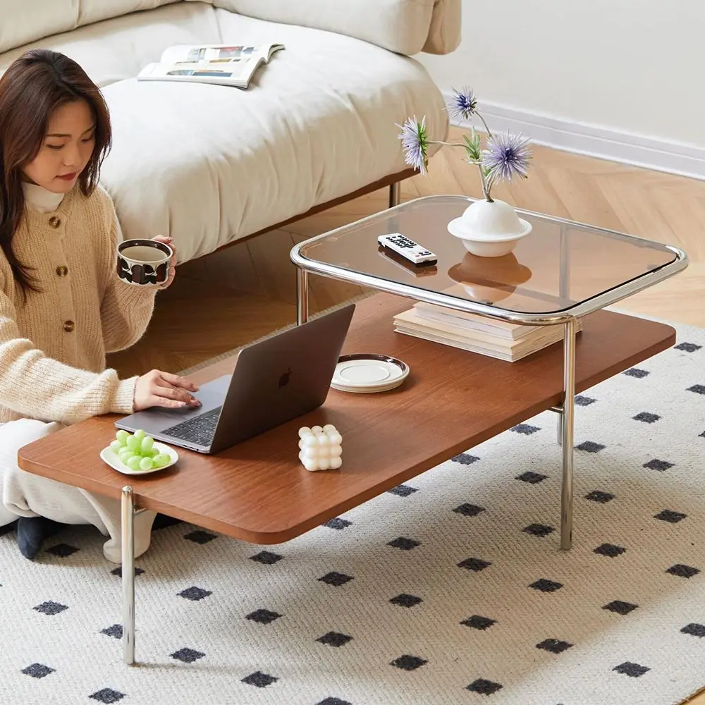 Solid wood double-layer coffee table medieval small apartment living room household minimalist sofa French rectangular low table