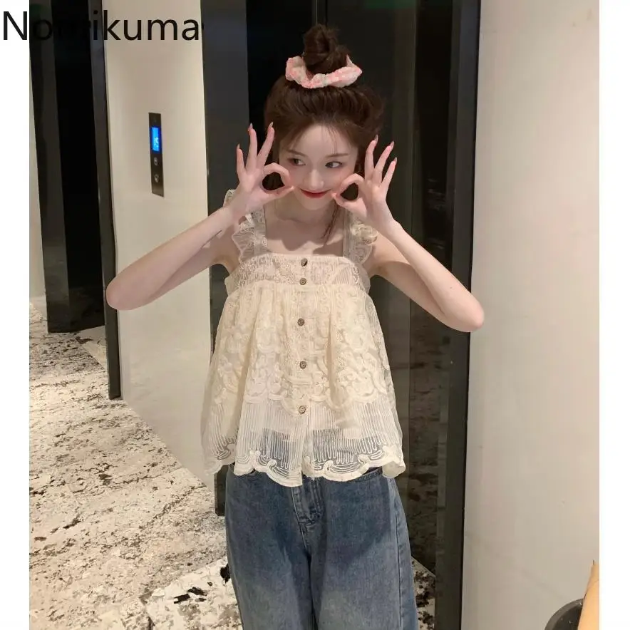 2024 Ropa Mujer Summer Blouse Women Square Collar Flying Sleeve Sweet Shirts Y2k Tops Single Breasted Lace Sweet Loose Blouses