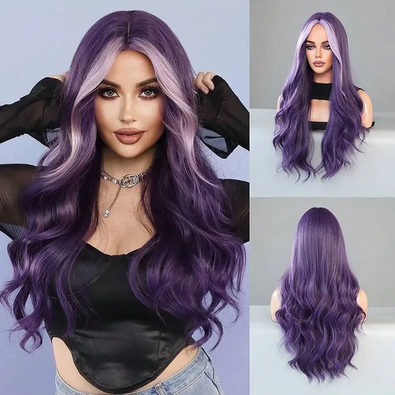 Fashionable European and American women's middle-parted purple gradient long curly hair wig, large wavy synthetic fiber wig