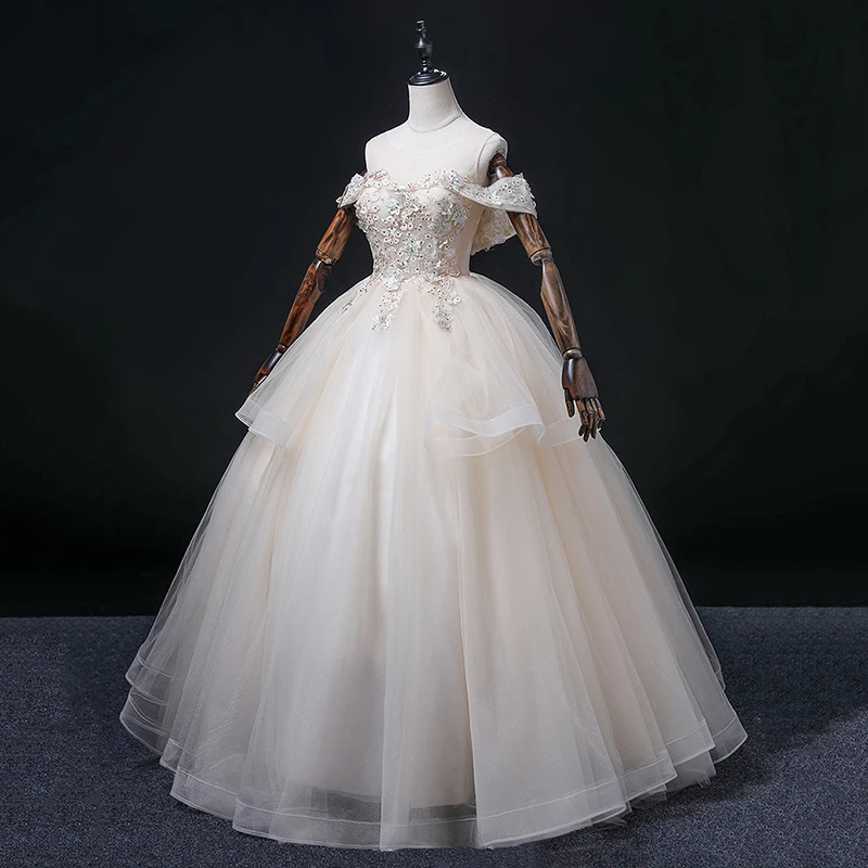 Anxin sh princesa champanhe flor renda barco pescoço beading cristal brilhante babados festa vestido de baile vestido de noite personalizado