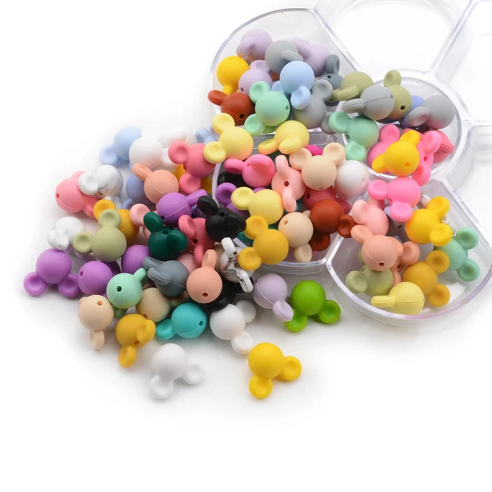 LOFCA 30pcs Silicone Beads BPA Free Cartoon Mouse Baby Teething Toys Food Grade Silicone Nursing Necklace Making Pacifier chain