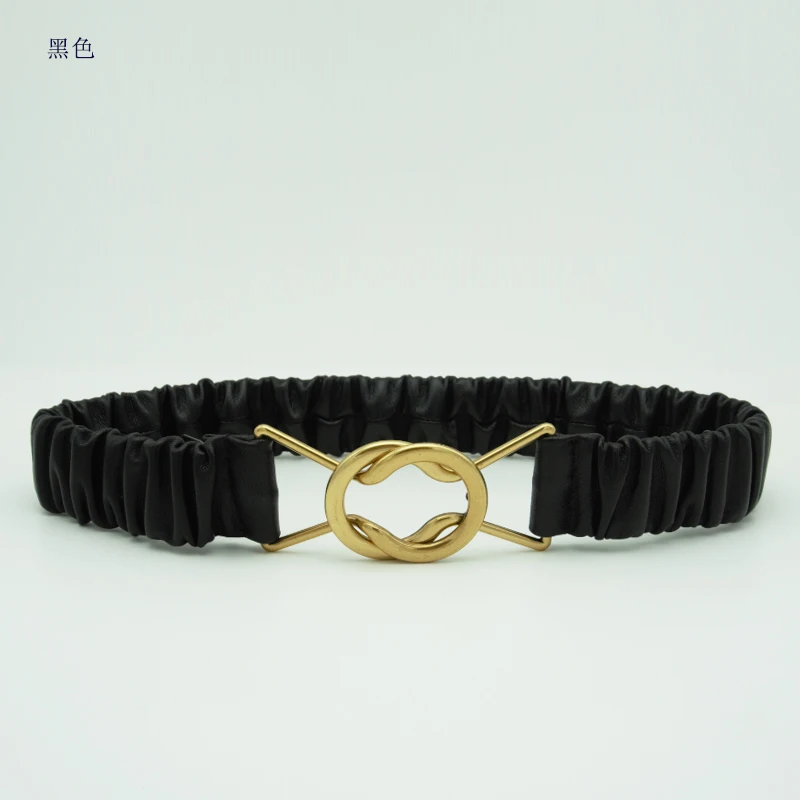 Exquisite soft sheepskin horseshoe cross brass buckle elastic band simple leather women's thin belt suit decorative belt