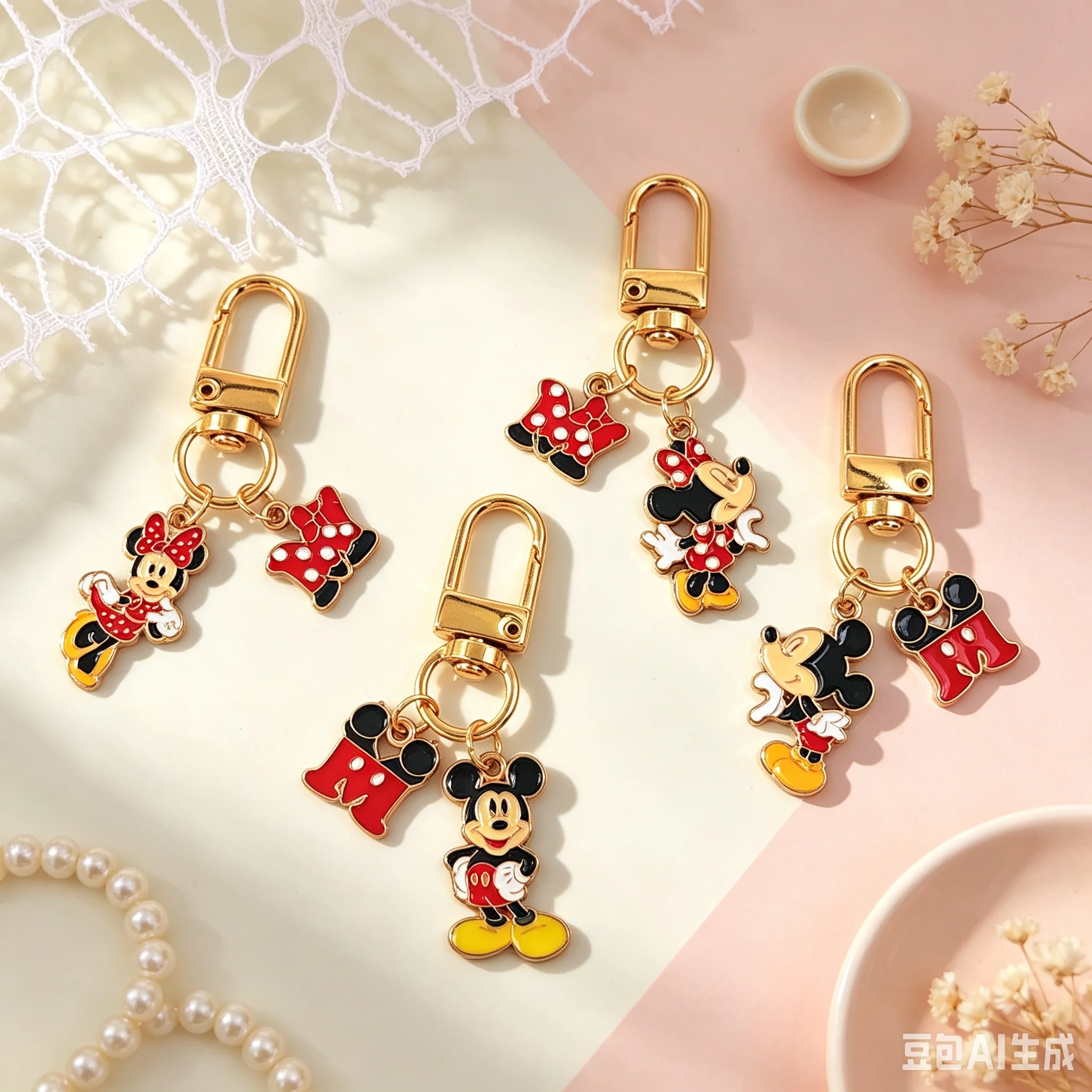 Cute Cartoon Mouse Enamel Keychain, Gold Metal Carabiner Key Ring Charms, Polka Dot Bow Pendant Bag Purse Backpack Decor Accesso