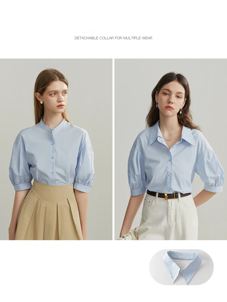 FSLE Cotton Women\'s Shirts Five-point Lantern Sleeve Simple Wind 2022 Summer Detachable Polo Collar Casual Solid Female Tops