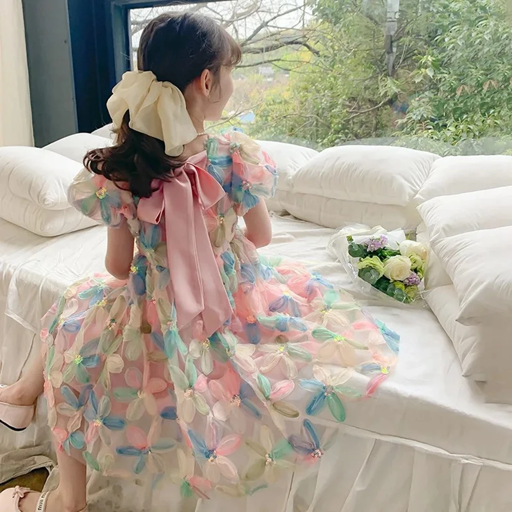 Summer Girls Flower Princess Dress with Big Bow Kids Cute Puff Short Sleeve Dresses for Girls Korean Clothing Children Dress 6 8