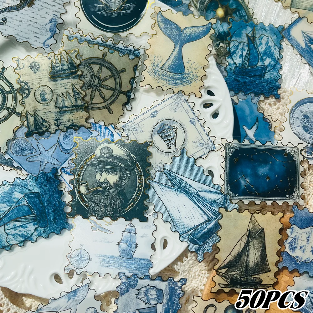 50pcs Vintage Nautical Postmark Stickers for Notebooks, Scrapbooks, Diaries, Skateboards, Water Bottles - DIY Decals