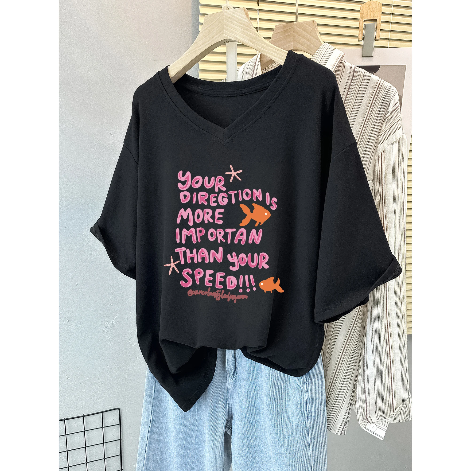 

Retro American ort Sve T-irt Women Summer New Design Loose V-Ne plus Size Women's Clothing Casual Cotton Tops