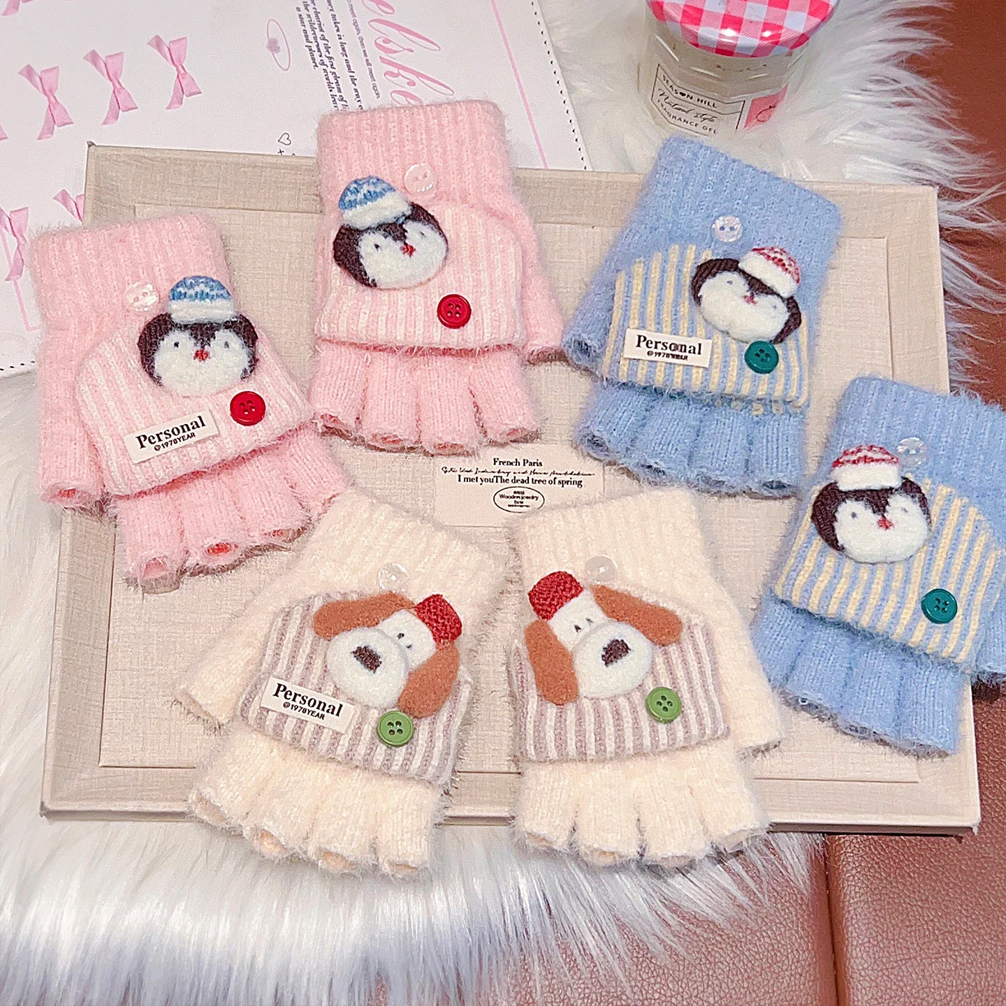 Cartoon Animal Plush Winter Convertible Flip Gloves For Girls Boys Warm Toddler Soft Plush Half Finger Knit Fingerless Gloves