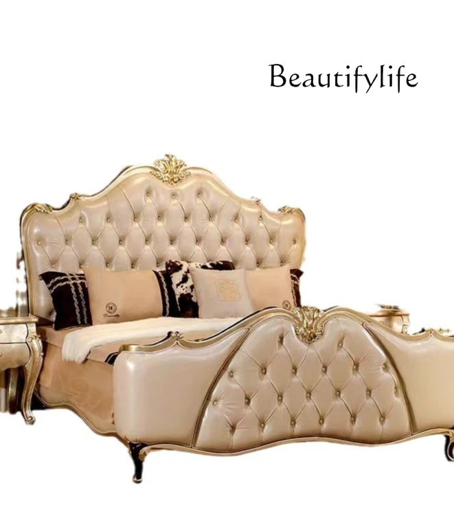 

Light luxury, neo-classical European leather art, solid wood double bed, bedroom, home designer, high-end