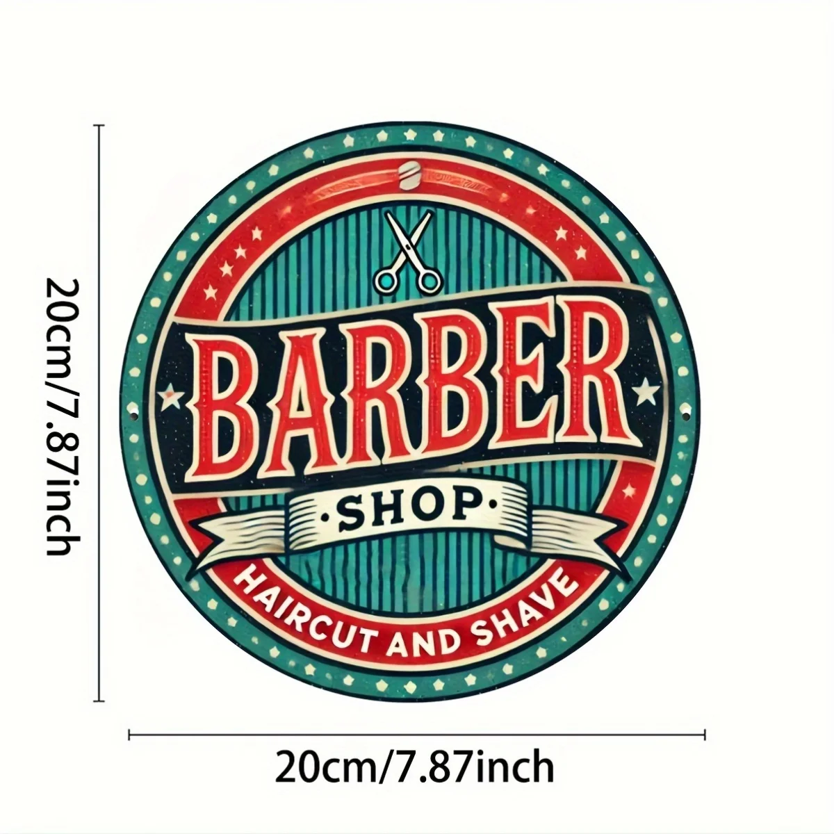 قطعة واحدة من لافتة ألومنيوم مستديرة لصالون الحلاقة الرجعية، مقاس 8 × 8 بوصات لوحة فنية جدارية معدنية عتيقة، مقاومة للماء والصدأ، سهلة التعليق، متينة