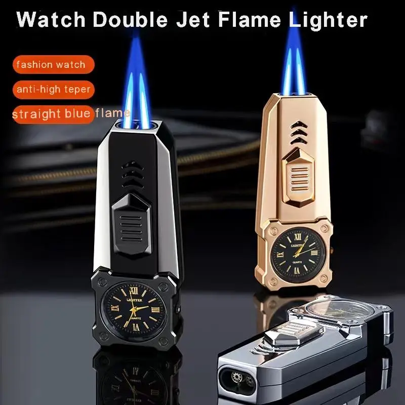 Dual Jet Torch Lighter With Analog Watch Decor Inflatable Metal Windproof Outdoor Camping Ignition Tool Accessory
