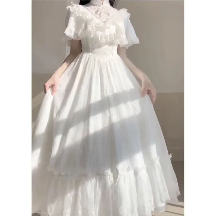 Elegante pizzo vintage bianco abiti Lolita estate dolce abito con maniche a sbuffo per le donne 2025 nuova vita sottile abiti di media lunghezza Mujer