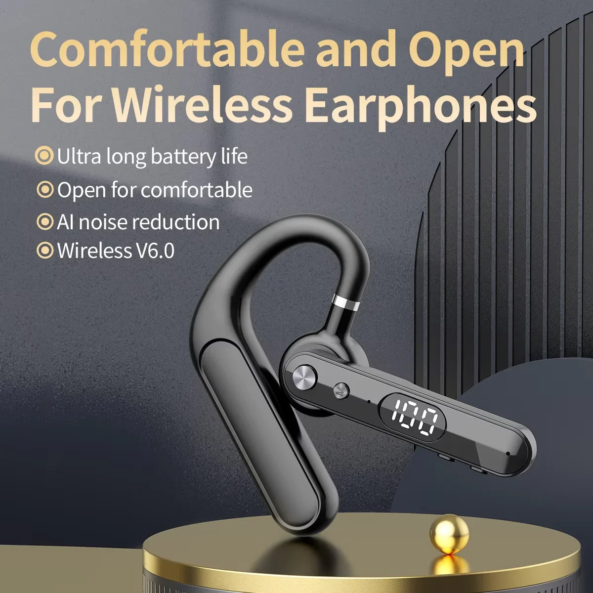 

Single Ear Business Earphone With Mic Bluetooth 6.0 AI Noise Reduction Battery Level Display Rotatable Open Headset For Driving
