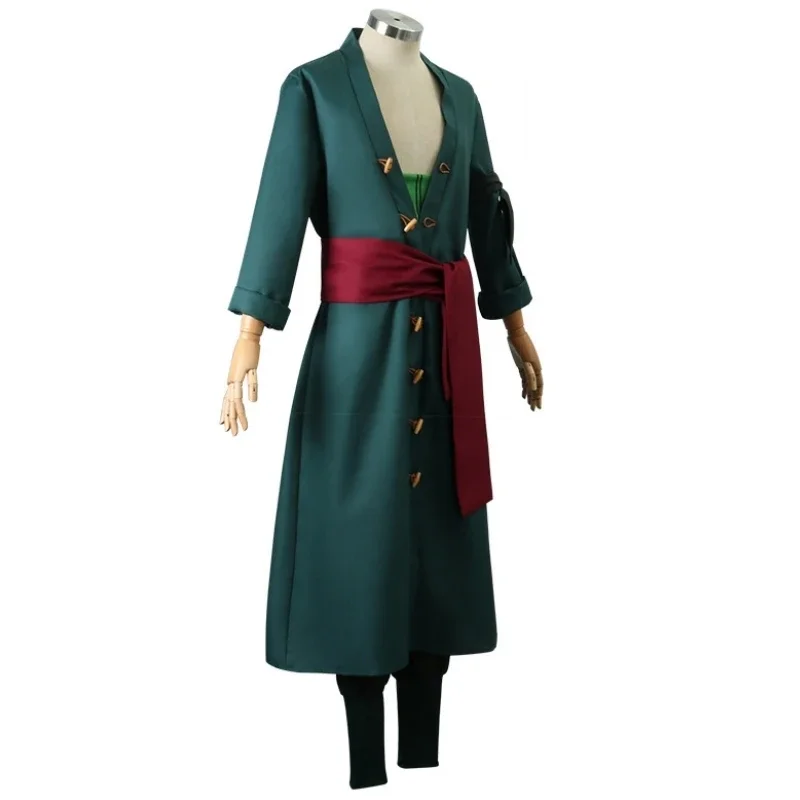 Anime Roronoa Zoro Costume Cosplay uniforme cappotto verde cintura pantaloni testa sciarpa Roronoa Zoro parrucca orecchini Halloween uomo vestiti