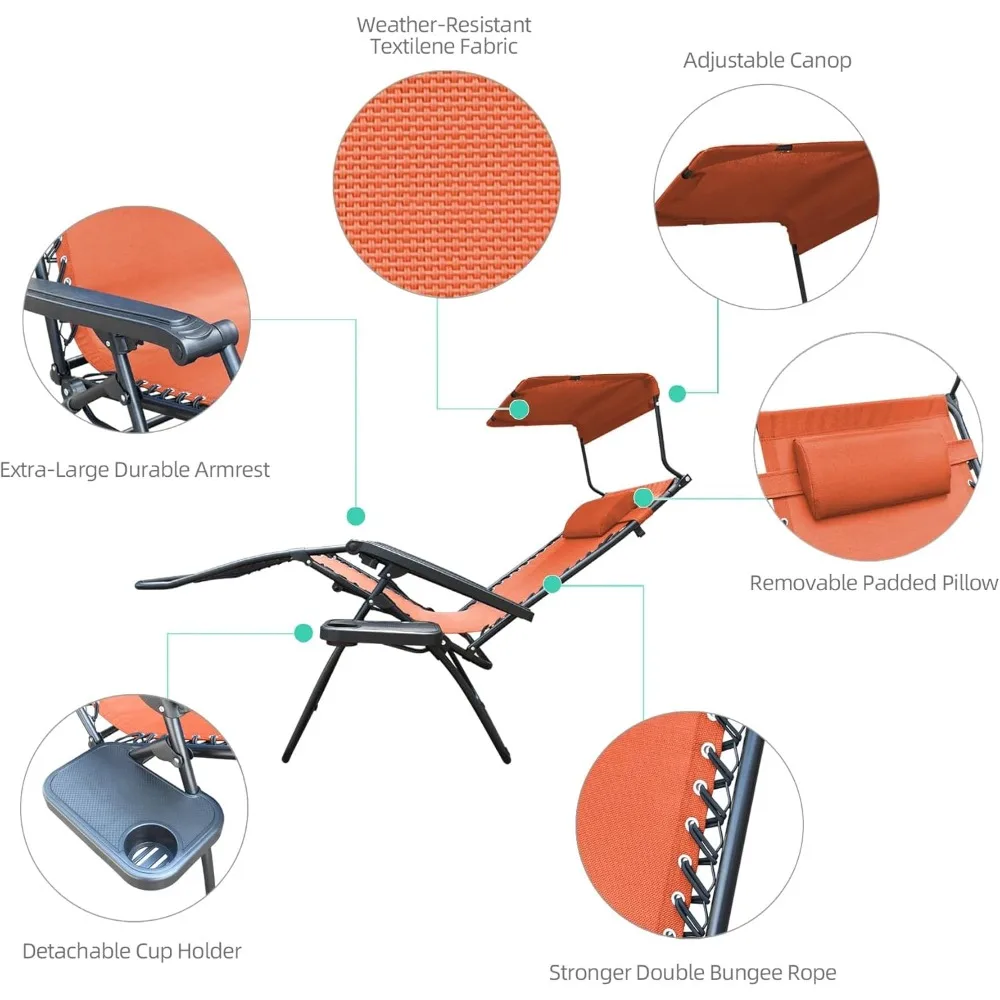 Cadeira grande de gravidade zero com guarda-sol e bandeja para bebidas, laranja