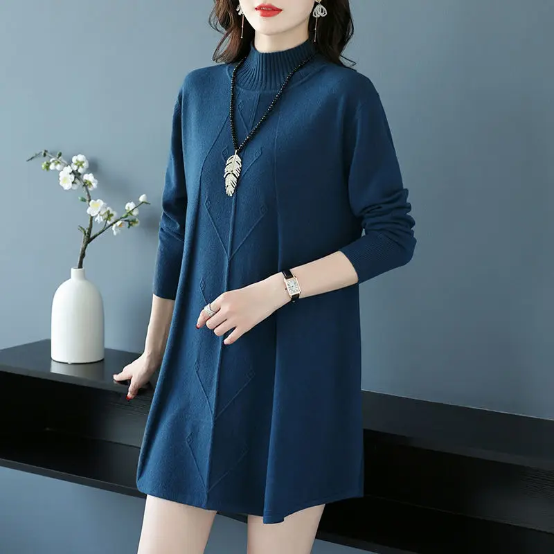 Autumn and Winter Women\'s Solid Color Half High Neck Long Sleeve Knitted Mid Length Underlay Fashion Formal Commuter Dress