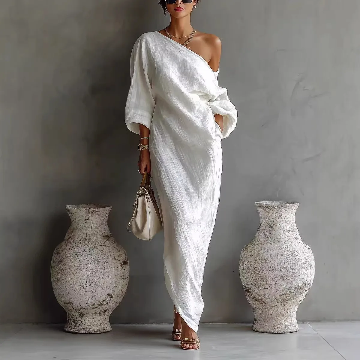 Women's White One-Shoulder Linen Maxi Dress Asymmetrical Long Batwing Sleeve Textured Fabric with Side Pockets