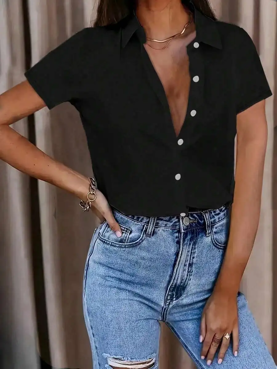 

Women Spring Summer Casual Button Up Blouse Black Short Sleeve Minimalist Top