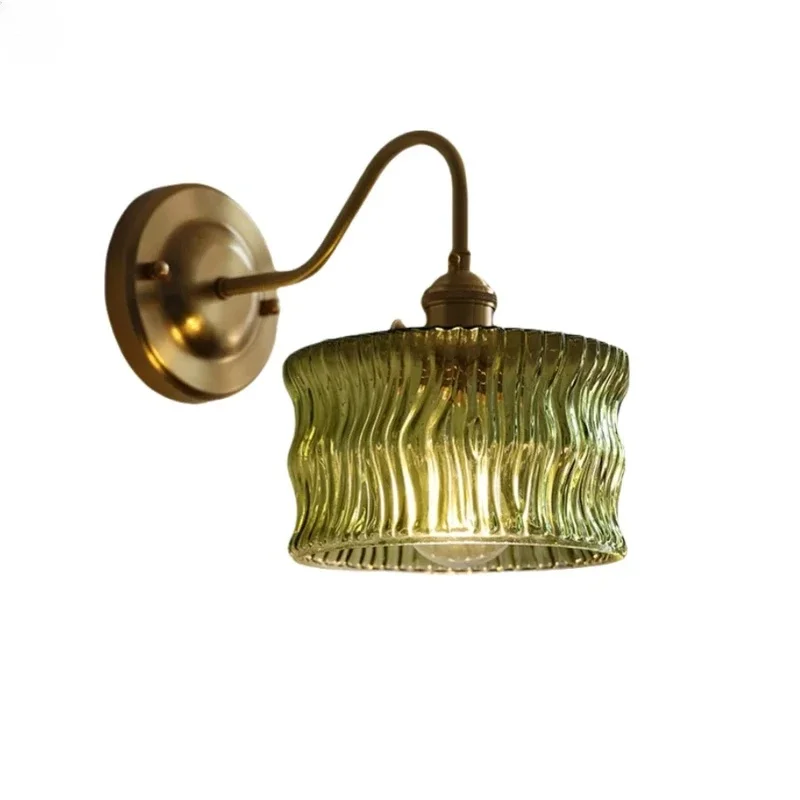 Vintage Brass Wall Sconce with Amber Ripple Glass Shade and Switch for Bedroom Living Room