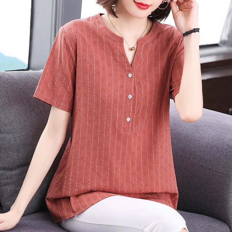 Woman Elegant Blouses Summer Short Sleeve T-Shirt Cotton V-Neck Pullover Button Solid Loose Fashion Casual Striped Tops